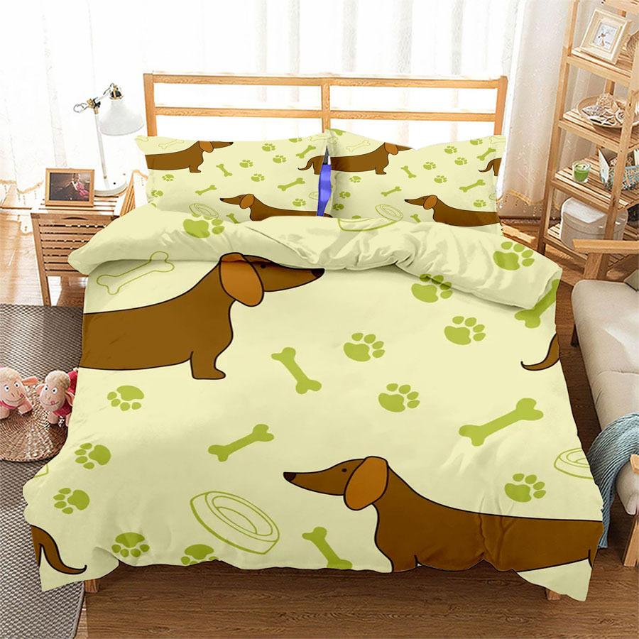 3D Digital Printing Three-Piece Set Cute Funny Dachshund Quilt Cover Pillowcase Bedding