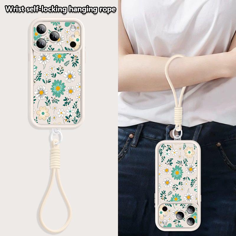 Cartoon Daisies Flower Pattern Lanyard Case For iPhone 17 Pro Max iPhone 16 15 Pro Max 14 13 11 16E 17E Shockproof Bumper Wristband Cover