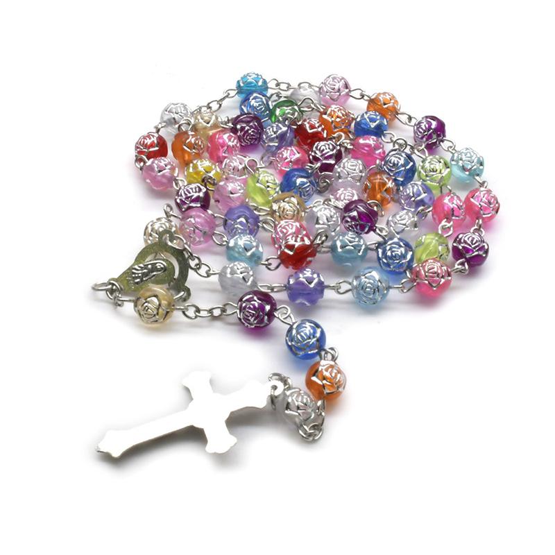 Multicolor Rosary Beads Cross Pendant Necklace Ornaments Catholic Religion Jewelry Accessories Gift