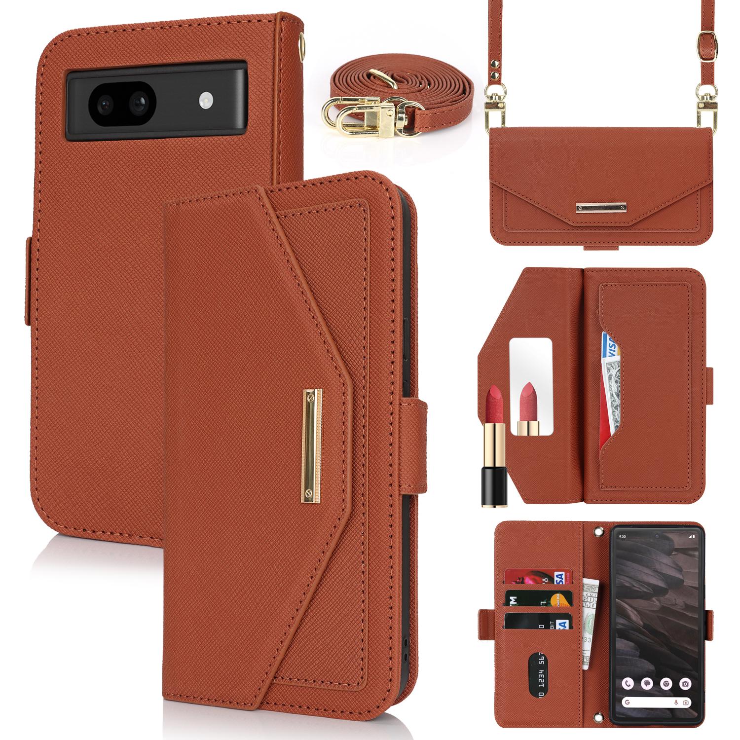 

Чехол-подставка для Google Pixel 7a, текстура крест-накрест, ПУ кожаный чехол-кошелек для телефона с плечевым ремнем/зеркальцем для макияжа Brown