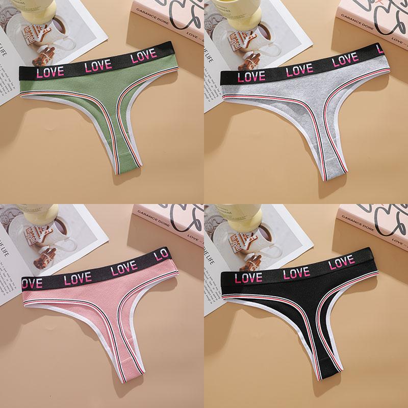 FINETOO 4PCS Women Cotton Thongs Sexy Low Waist T-Back Thongs Ribbed Comfortable Female Underwear Ladies Sexy G-String Lingerie