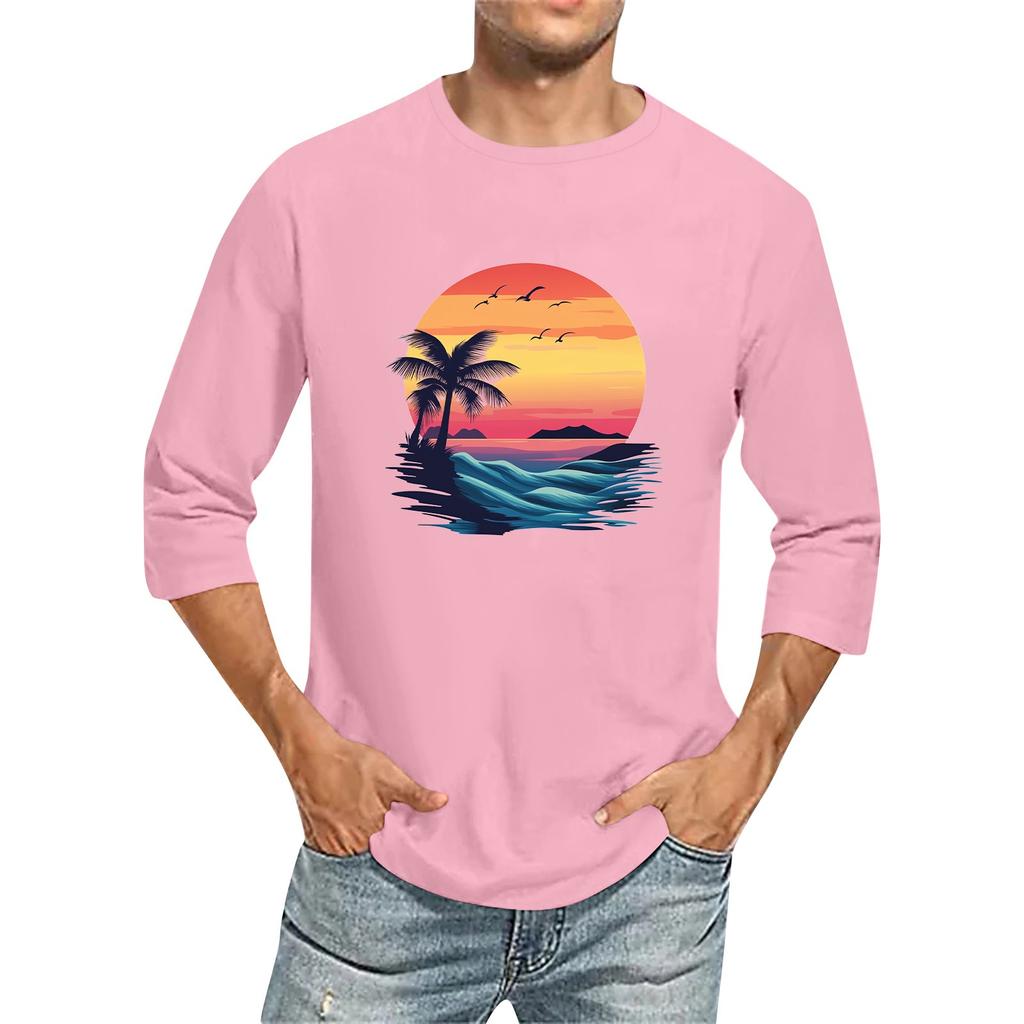 Camiseta de manga tres cuartos con cuello redondo y color liso para hombre