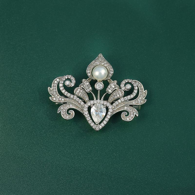 Bo Xin Yun Korean Style Zirconia Crown Brooch with Freshwater Pearl Pin Accessory