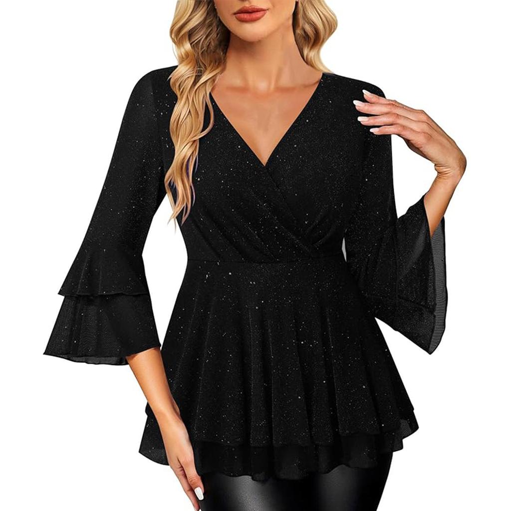 Ladies' Casual And Fashionable V-neck Solid Color Sequin Seven Quarter Sleeved Top