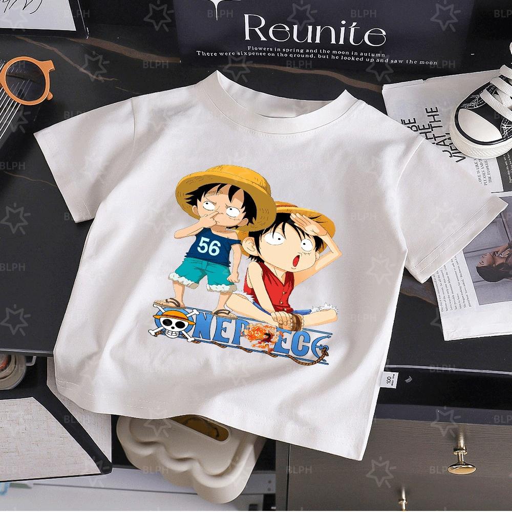 Cute One Piece Luffy Kids T-Shirt, Classic Anime Character Design, Comfortable Cotton Summer Tee for Boys and Girls