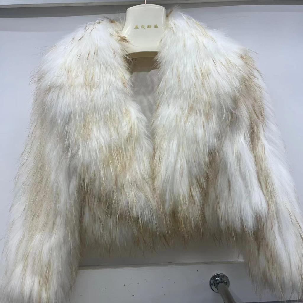 Real Raccoon Fur Coat Quilted Braided Large Lapel Fur Coat High Waist Short Style Youthful Temperament Winter Top