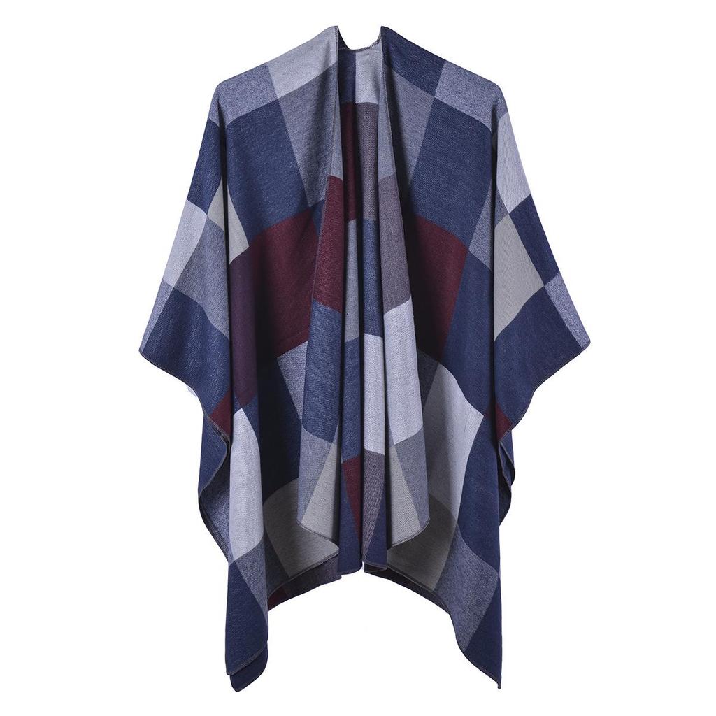 Autumn & Winter Women's Double-Sided Plaid Shawl Scarf - Imitation Cashmere, Multifunctional with Slit Design.