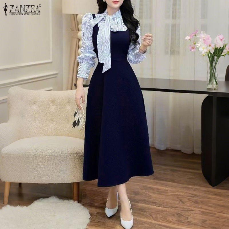 ZANZEA Women Casual Stripe Splice Long Sleeve Elegant Long Dress