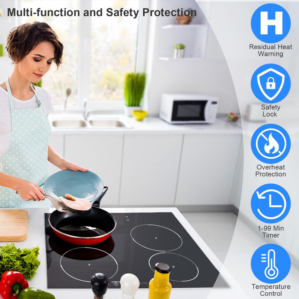 60 cm Ceramic Glass Cooktop, 4 Burner 6000W Built-in Touch Control, 9 Power Settings, 1-99 Min Timer