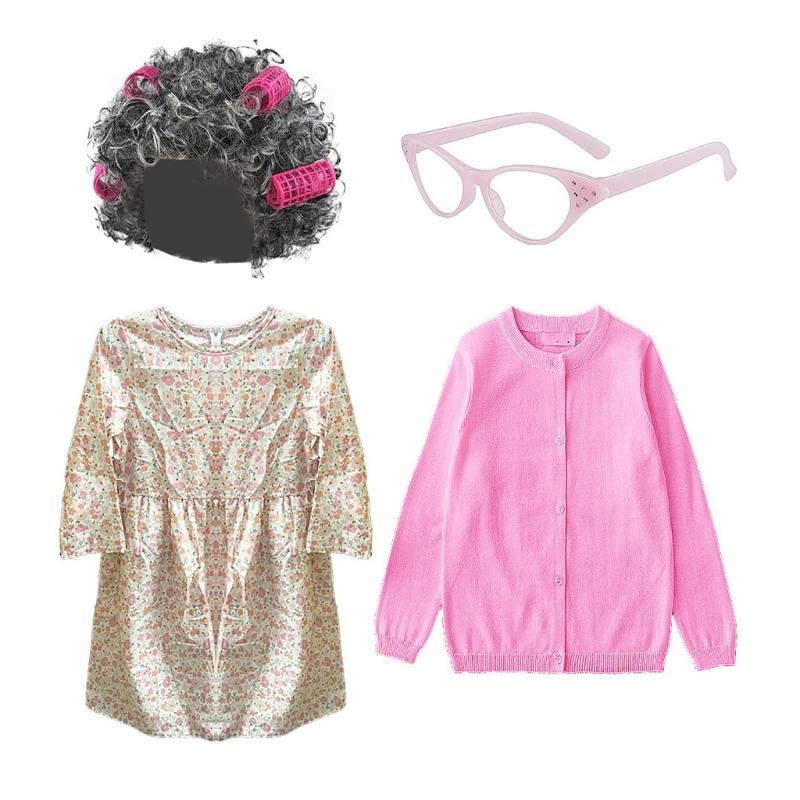 100 Days Of School Granny Costume Set For Kids Pink Floral Print A Line Dress With Long Sleeves For Halloween And Dance Parties