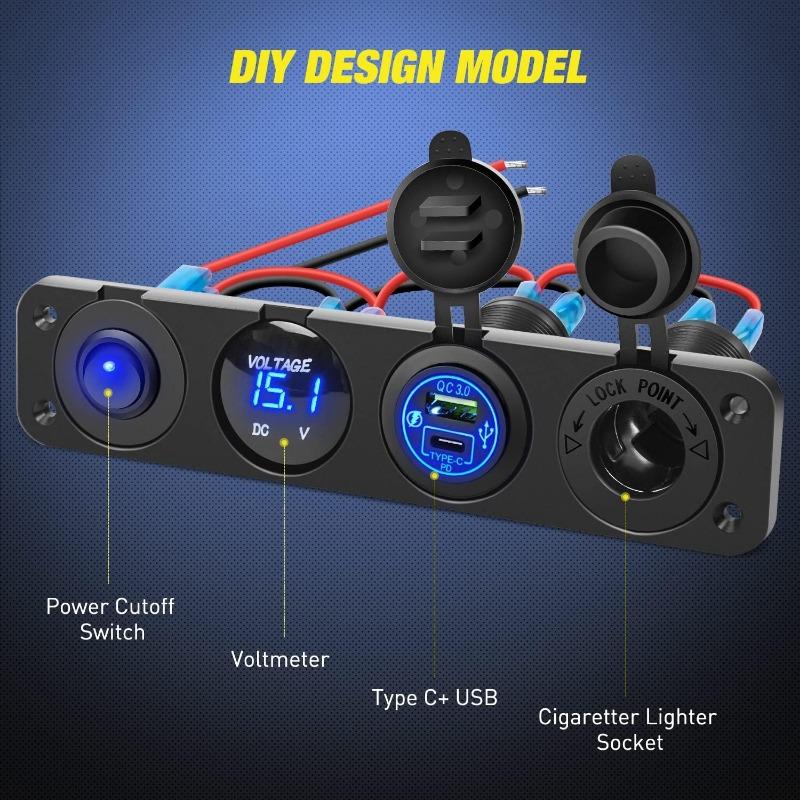 1PC Yacht Bus RV 4-in-1 Combination Panel with Cigarette Lighter Digital Voltmeter Intelligent Fast Charge QC3.0 + PD