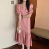 Rochie trompetă cu mânecă scurtă cu volan, cu cusături elegante, rochie sirenă șic, lejer, vară, dulce, cu decolteu în V, rochie florală lejeră 27303