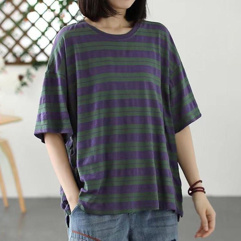 T-shirt for Women Summer Large Size Cotton T-shirt Soft Loose Striped Casual Pullover T-shirt Top