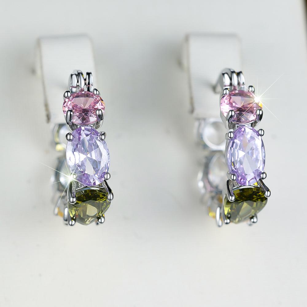 Creative Pink Purple Olive Green Zircon Hoop Earrings Women's Silver Color Circle Earrings Party Wedding Jewelry Gifts