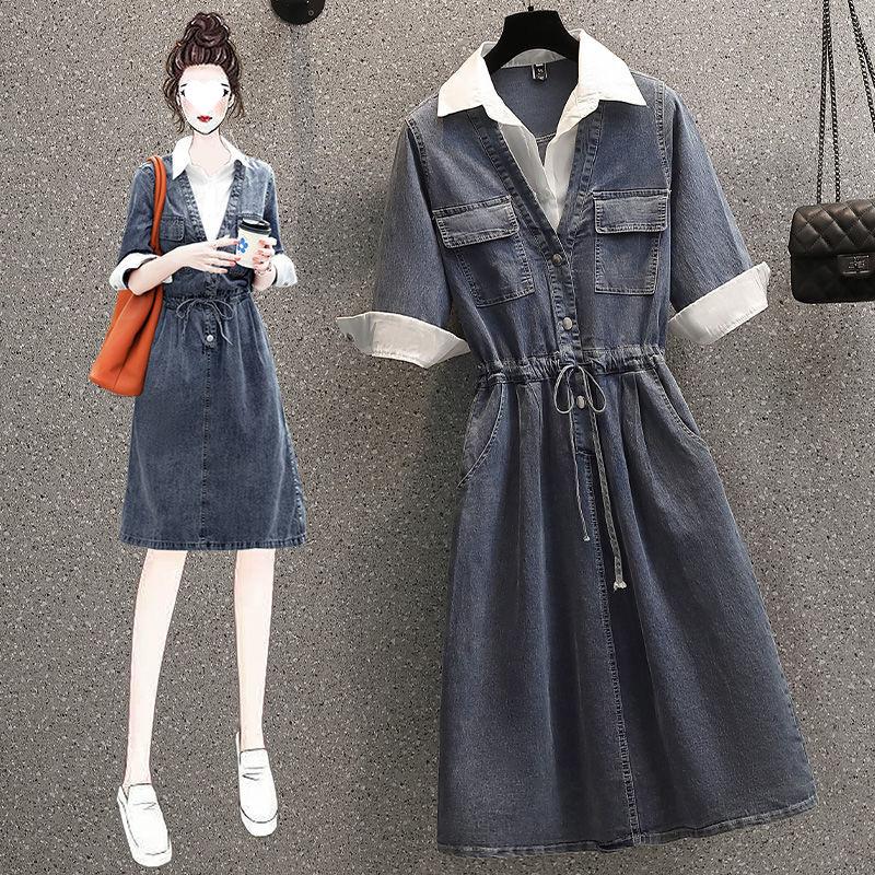 Mid Length Jeans Dress Women Chic Denim Dresses Streetwear POLO Collar Half Sleeve Elegant Y2k Casual Party A Line Vestidos