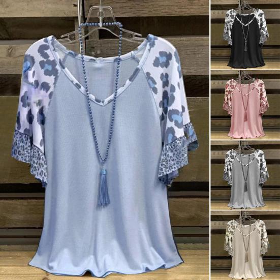

Летняя женская футболка с рюшами и леопардовым принтом, блузка с коротким рукавом и V-образным вырезом, топ