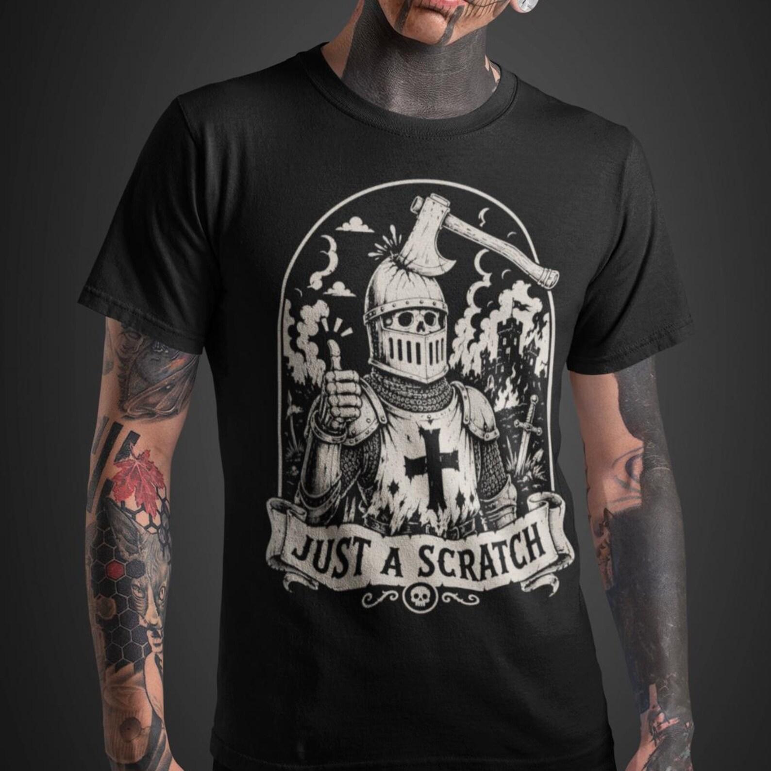 JUST A SCRATCH | Medieval Skeleton Knight T-Shirt | Dark Gothic Warrior Tee | Burning Battlefield Horror Art | Vintage Macabre Graphic Shirt XL
