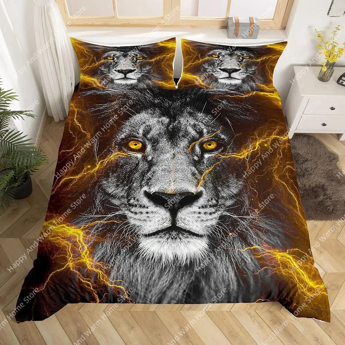 Lion King Queen Duvet Cover Animal Bedding Set Lightning Golden Lion 2/3Pcs Quilt Cover Grey Black Gold Polyester Quilt Cover EU single(135x200cm)