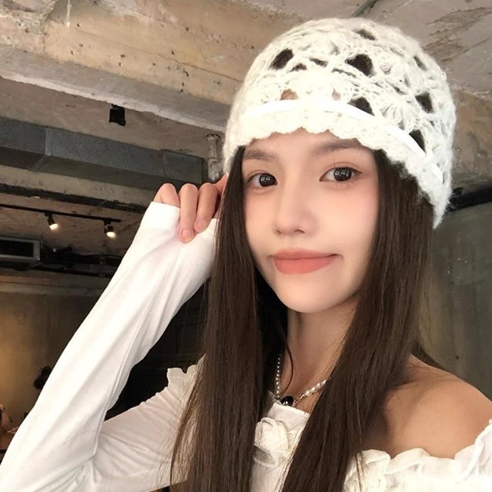 Korean Style Knitted Hat Hollow Design Crochet Hat Fashion Women's Hat  Autumn