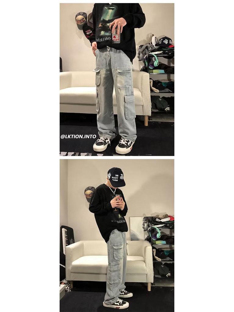 Men's Washed Denim Casual Pants – 2022 Autumn/Winter Hong Kong Style Overalls