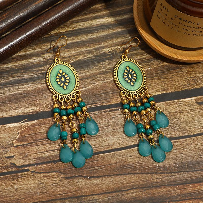 Bohemian Cross-Border Handmade Water Drop Rice Bead Tassel Earrings for Travel Photography