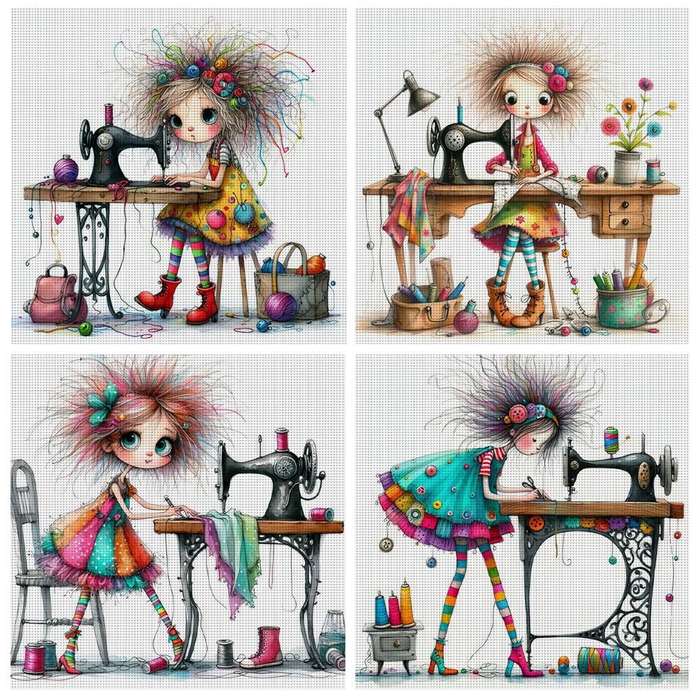 Full Embroidery Eco-cotton Thread 11CT Printed Line Girl Cat Cross Stitch Kit Artwork 40x40cm/ 45x45cm Home Docor for Friend