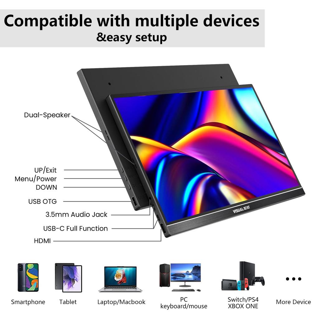 Visual Beat Mobile FHD Portable IPS LCD Standard USB Smart Dual Compatible with Monitor, Touchscreen, 15.6-inch 1080p, USB-C Monitor, Panel, HDMI,