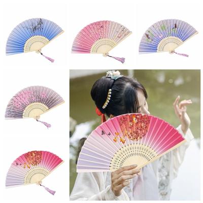Portable Chinese Style Hand Held Fan Bamboo Dance Performance Props Antique Folding Fan Home Decoration Flower Pattern Dance Fan