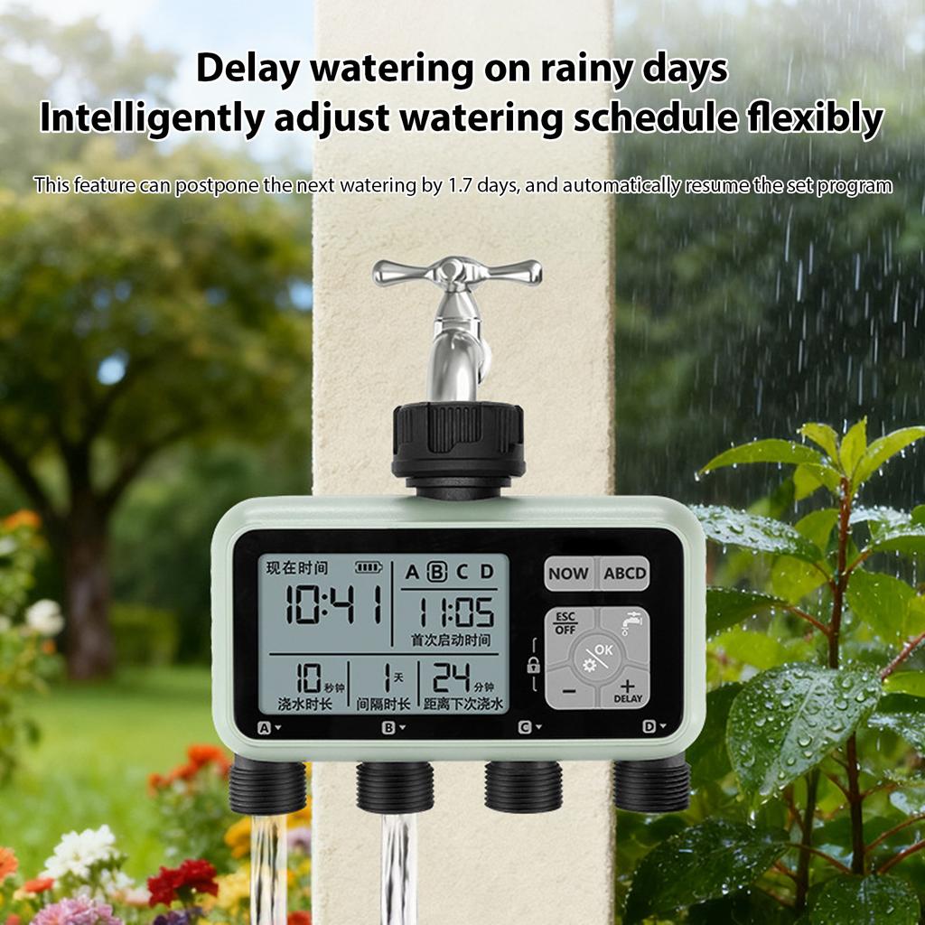 4-Zonen-Wasserzeitschaltuhr Programmierbares Gartenschlauch-Bewässerungssystem Regenverzögerung Kindersicherung Manueller Modus Sprinkler-Zeitschaltuhr für