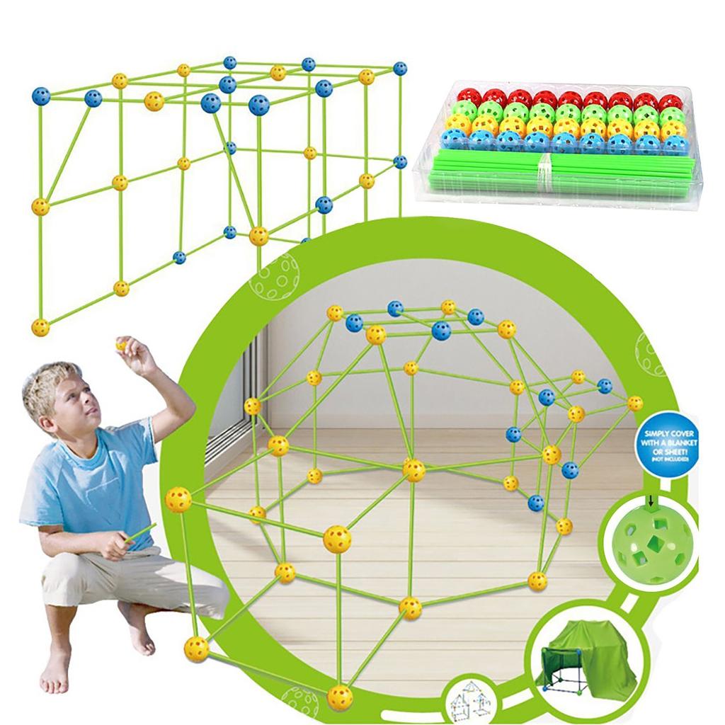 Kids Light-Up Fort Building Kit - Construction Toy, Kids Indoor And Outdoor Play Tent With 126 Rods, 67 Balls, And 4 Strings Of LED Lights