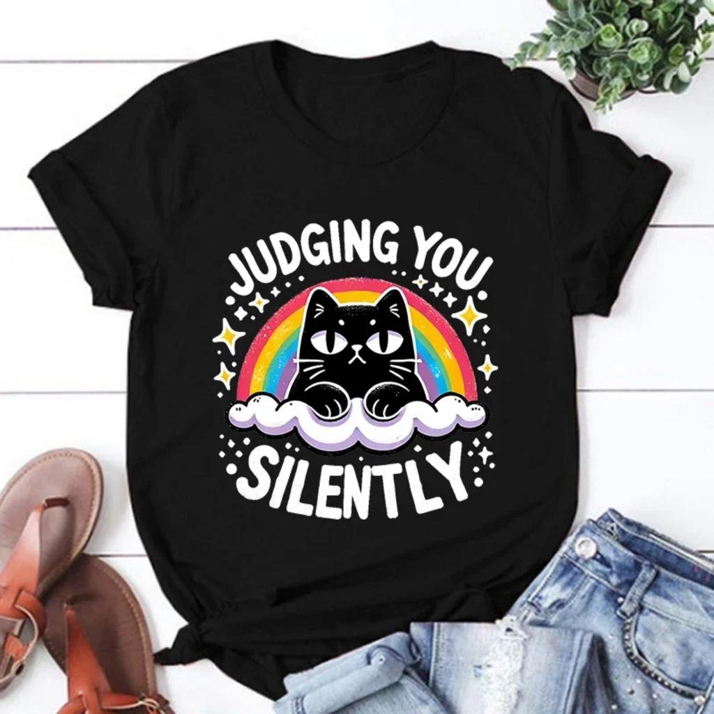 New Cat Judging You Silent T-shirt for Women's Casual Personality Round Neck Short Sleeve Fashion T-shirt