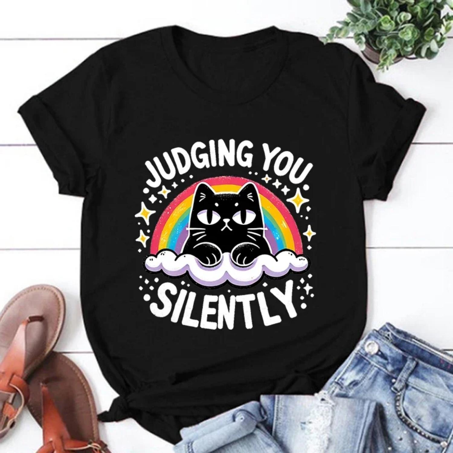 

New Cat Judging You Silent T-shirt for Women s Casual Personality Round Neck Short Sleeve Fashion T-shirt S чёрный