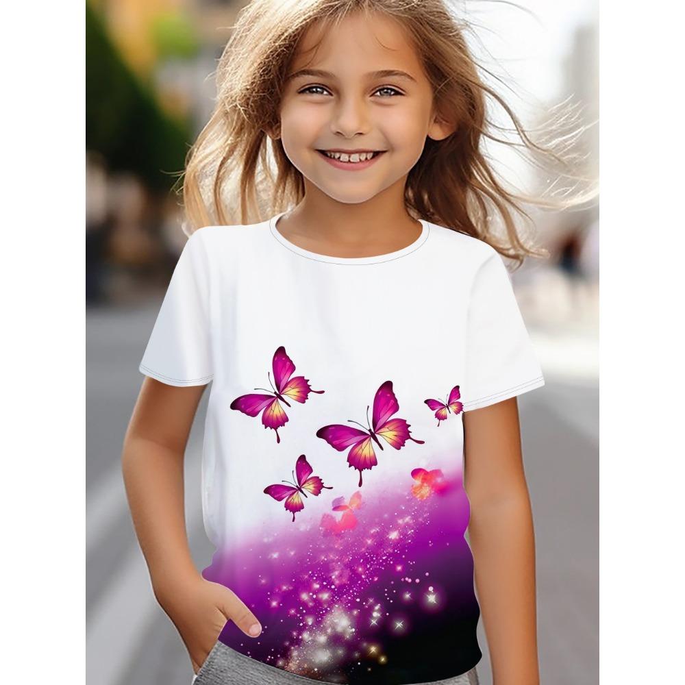 Children's Clothing Girl Clothes Short Sleeve Prety Butterfly Print Kawaii Round Neck Top Summer