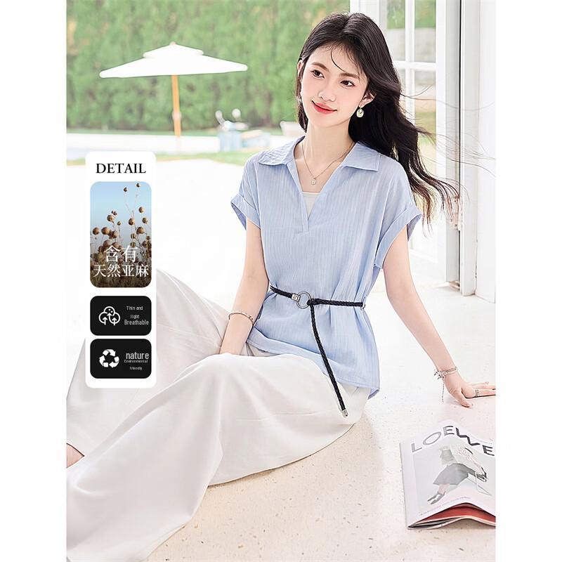 Women s Elegant Linen Blend Shirt & Wide-Leg Pants Set L