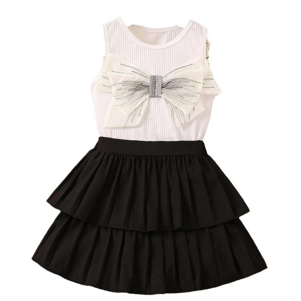 Set Moda Estiva da Ragazza, Top Casual Senza Maniche Girocollo con Fiocco per Bambini, Set Due Pezzi di Culottes e Pantaloni Monocromatici