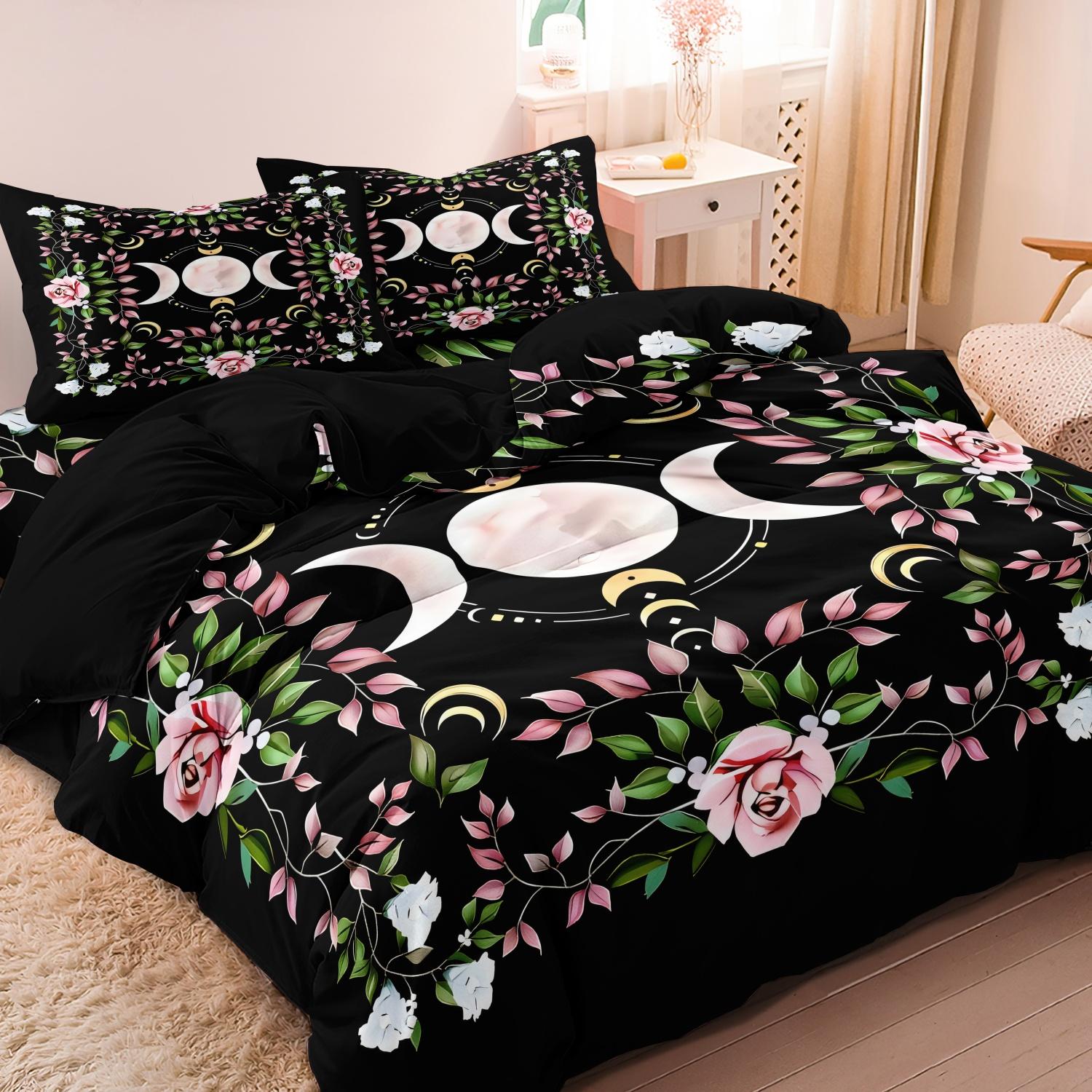 3Pcs Pink Roses And Crescent Moon Digitalprinting Duvet Cover,Mystical Floral And Celestial Design Bedding Set EU Single-135x200cm&set