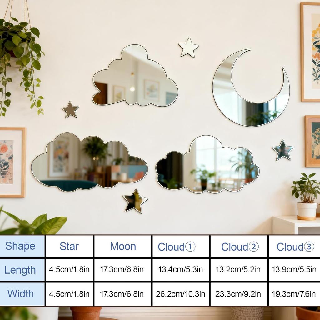 3D Moon Cloud Mirror Wall Decor Acrylic Mirror Wall Stickers Self Adhesive Decorative Moon Star Cloud Wall Decals for Baby Kids Children's Living Room