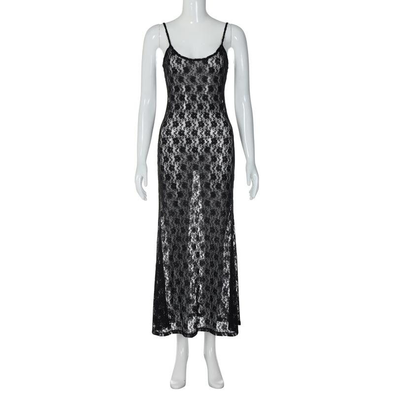 European and American Women's Summer Plum Blossom Mesh Suspender Sexy Backless Temperament Long Skirt Dress for Women