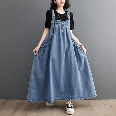 Plus Size Letnia Sukienka Damska Dżinsowa Luźna Długa Sukienka Vintage Swobodna Bez Rękawów Oversized