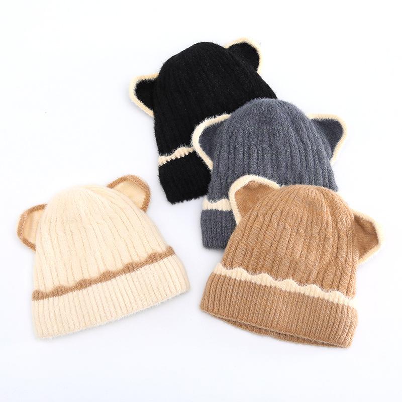 Winter Cute Cartoon Plush Hat with Large Brim for Women Japanese Style Warm and Thickened Ear Protection Knitted Hat with Bear Ears