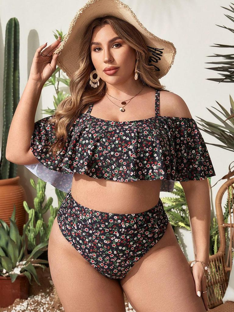 Plus Size Floral Two-Piece Bikini with Ruffles
