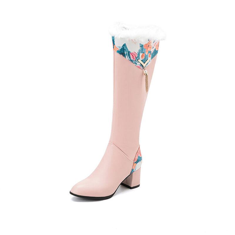 2025 Winter Knee High Boots for Women Printing Patchwork High Heels Women Shoes Big Size 43 Plush Warm Botas De Mujer WSH4935