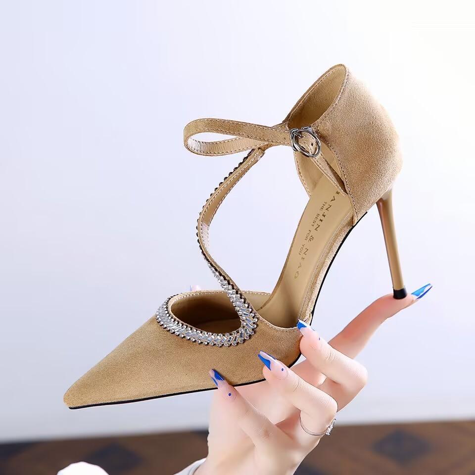 Fashion 9cm sexy rhinestone suede single button S with pointed toe banquet high heels for women 2025 new slim and hollow single shoes