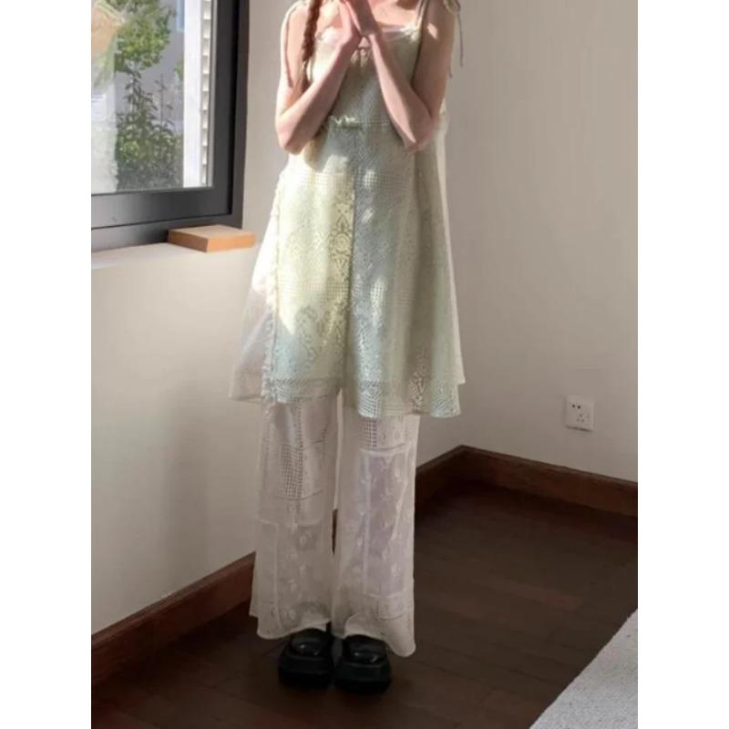 2024 Summer Loose Pants Vintage High Waist Sweet Embroidery Flower Pants Lace Hollow Out Y2k Aesthetic Casual Trousers Chic