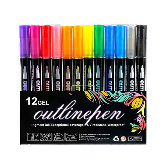 Dual-Tip Metallic Outline Pens Fluorescent Marker with Colorful Borders Smooth Tip Highlighters for Cards Crafts & Notes