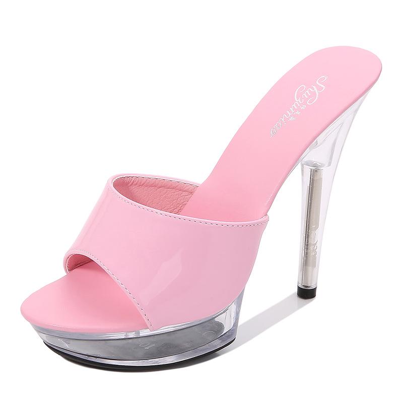Patent Leather 13cm15cm Special High Heels Thin Heels Sexy Waterproof Table  High Super High Slippers Women's Summer