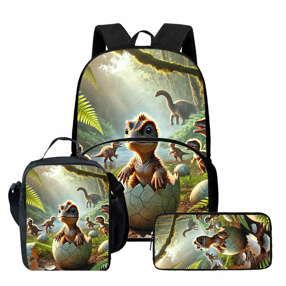 Classic Popular Cartoon Dinosaur Print 3pcs/Set Student School Bags Laptop Daypack Backpack Lunch Bag Pencil Case
