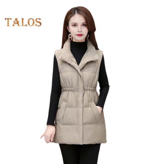 

Женское зимнее пальто с воротником-стойкой, средней длины, без рукавов, ветрозащитная куртка, облегающий крой, сохраняющий тепло, эластичный пояс, застежка-молния, жилет M хаки