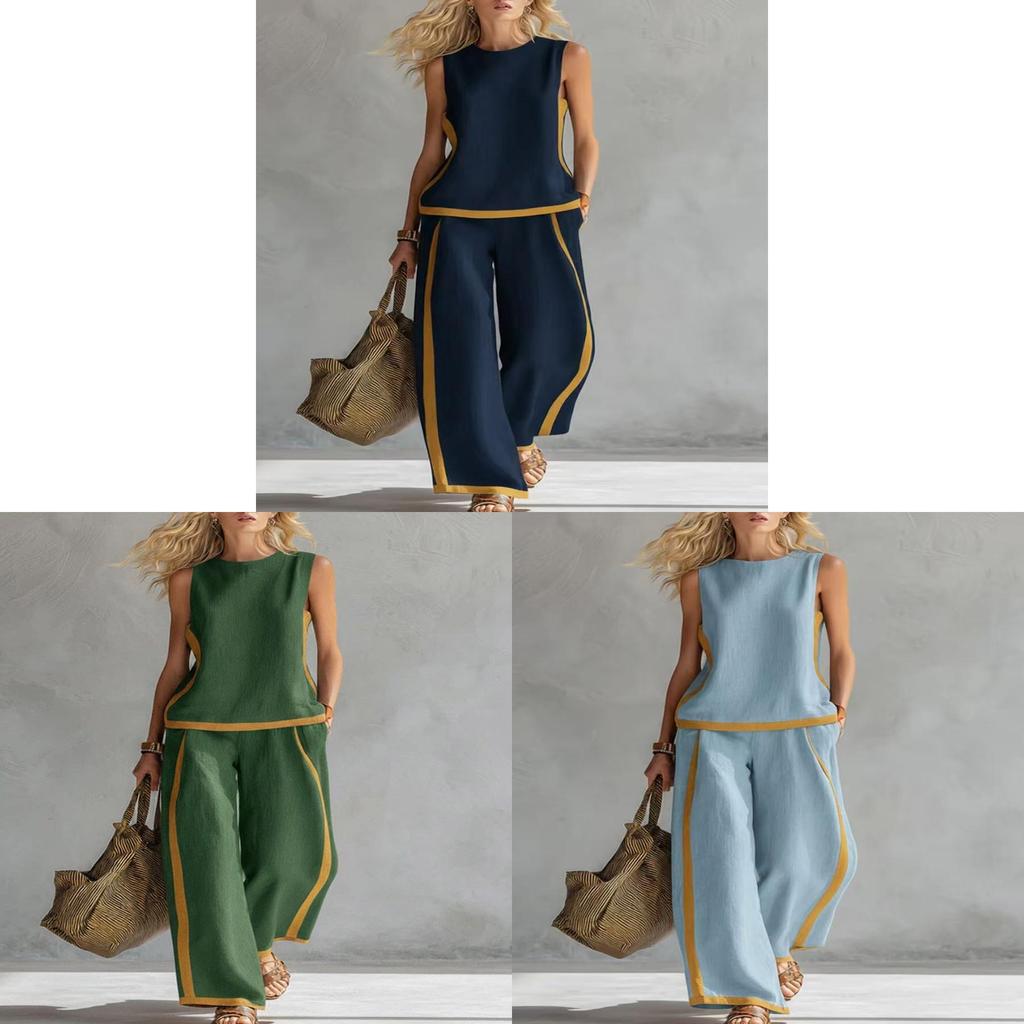 Tuta da donna estiva senza maniche a blocchi di colore con tasche e inserti per abbigliamento casual