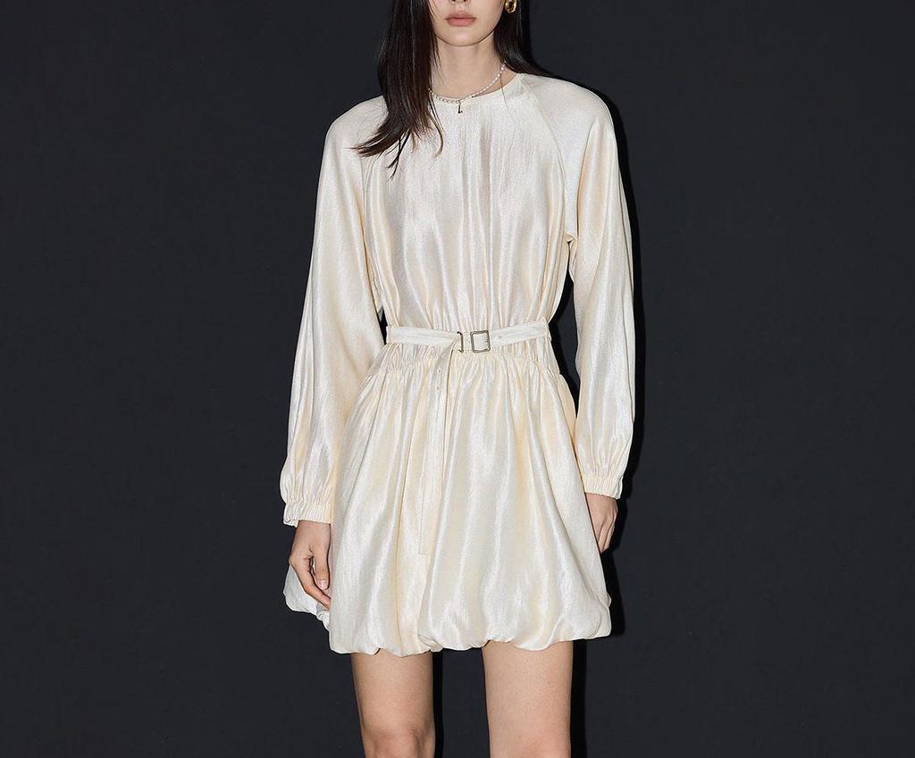2026 Spring French Drape Puff Sleeve Belted Fluffy Skirt Dress for Women